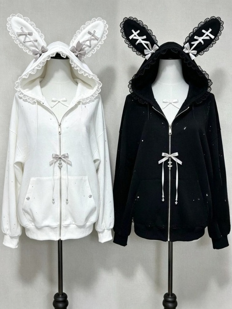 Vintage Zip Hoodie - Jaket Wanita Bergaya Lolita dengan Telinga