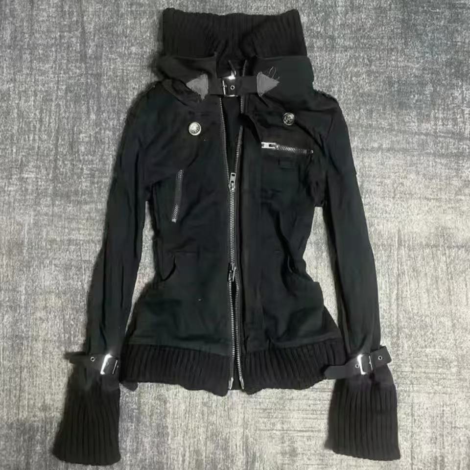 Vintage Zip Hoodie - Hoodie Y2K Gothic Hitam Slim dengan