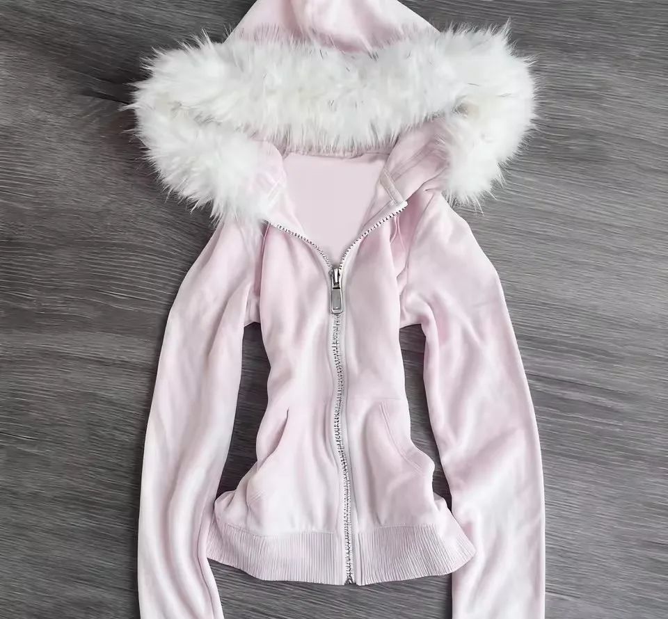 Vintage Zip Hoodie - Hoodie Bulu Retro Pink Musim Dingin