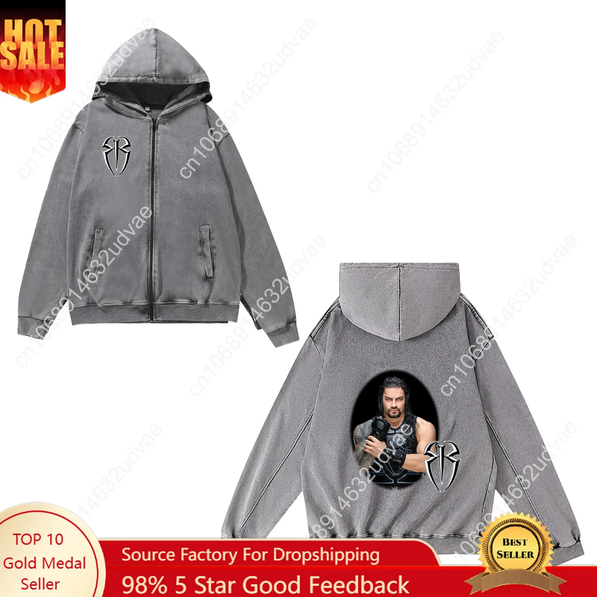 Vintage Zip Hoodie - Roman Reigns Zipper Sweatshirt Pria Wanita